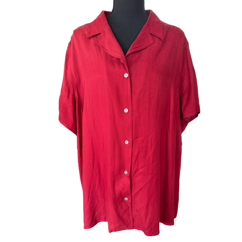 Kate Hill Red 100% Silk Short Sleeve Button Down Shirt Womens Size 3X Office